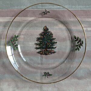 Vintage Arcoroc France Clear Glass Dish w Christmas Tree and Gold Trim